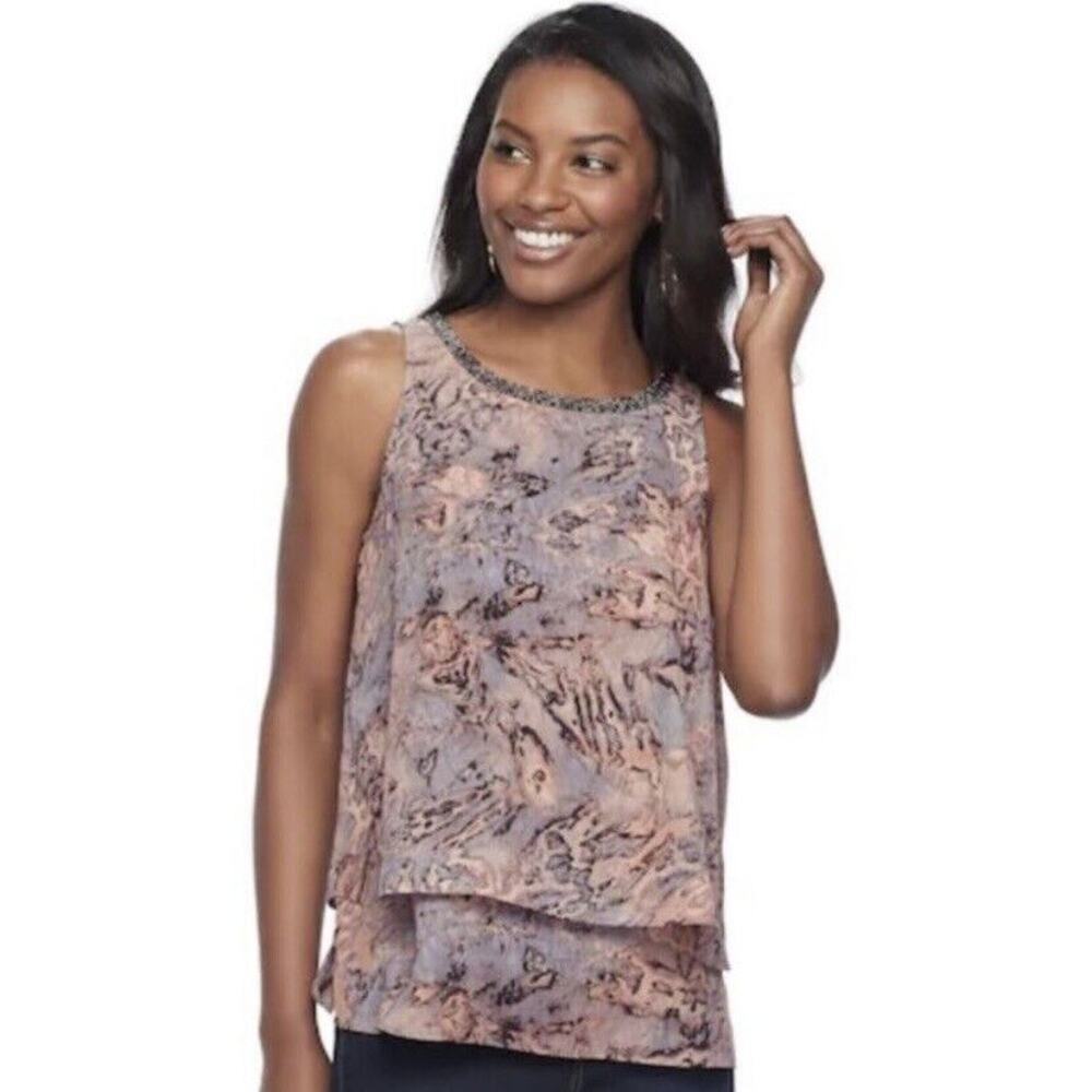 JUICY COUTURE Women's Embellished Neck Layered Top Blouse